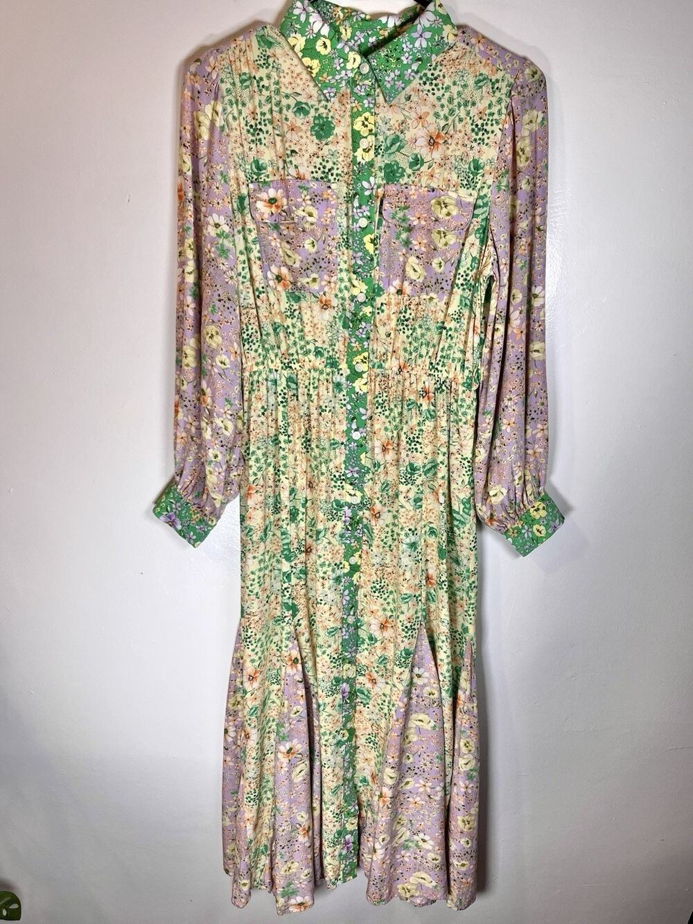 Floral Patchwork Button Front Midi Dress Long Sleeve Pastel Cottagecore Size S